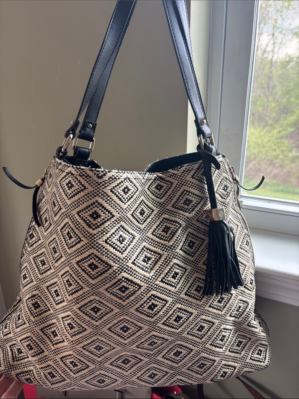 Stella & Dot Black and Cream Diamond-Pattern Shoulder Bag with Tassel